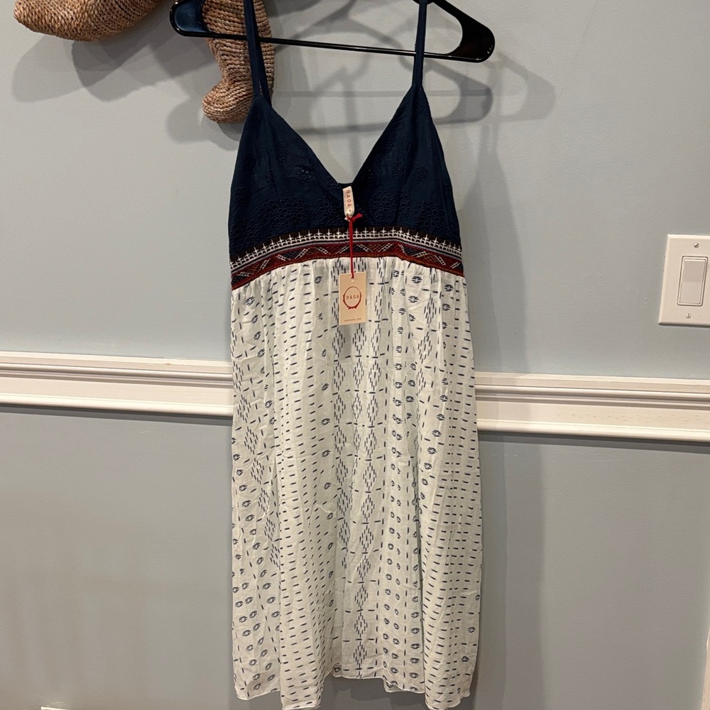 RAGA Navy and Cream Spaghetti-Strap Maxi Dress with Embroidered Waist